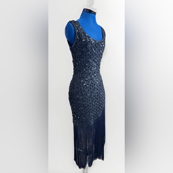 vintage 70s 80s dave and johnny sequin beaded Fringed Flapper Dress sleeveless - Picture 7 of 16